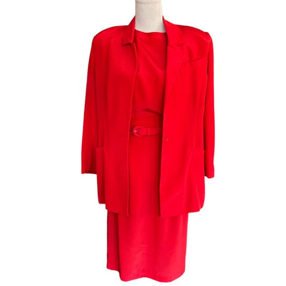 Vintage 80s Argenti Petites 2 piece Red Dress with belt and blazer sz 4 - Picture 1 of 9